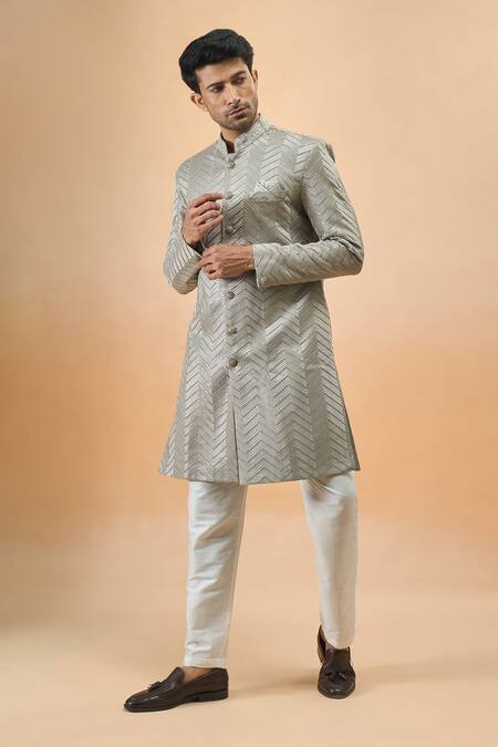 Shop_Arihant Rai Sinha_Gray Rayon, Silk Embroidery Grey Thread Sherwani And Pant Set _Online_at_Aza_Fashions