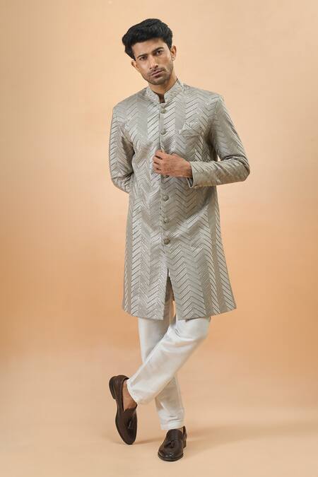 Arihant Rai Sinha_Gray Rayon, Silk Embroidery Grey Thread Sherwani And Pant Set _at_Aza_Fashions