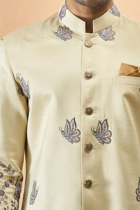 Arihant Rai Sinha_Beige Silk Embroidery Thread Sherwani Set _Online_at_Aza_Fashions