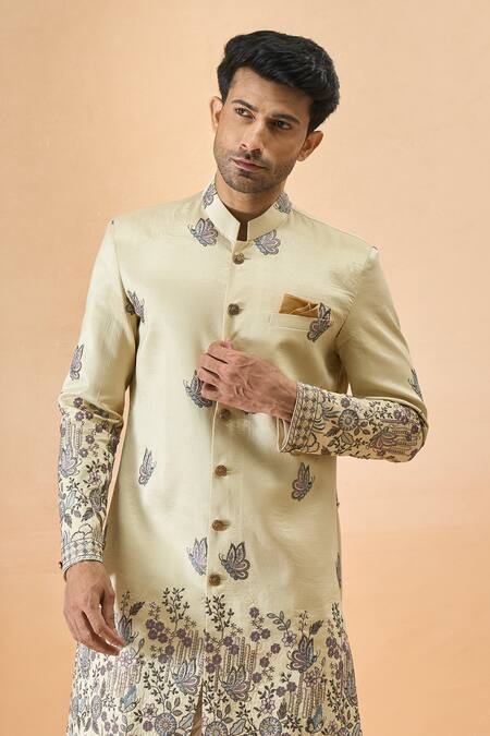 Buy_Arihant Rai Sinha_Beige Silk Embroidery Thread Sherwani Set _Online_at_Aza_Fashions
