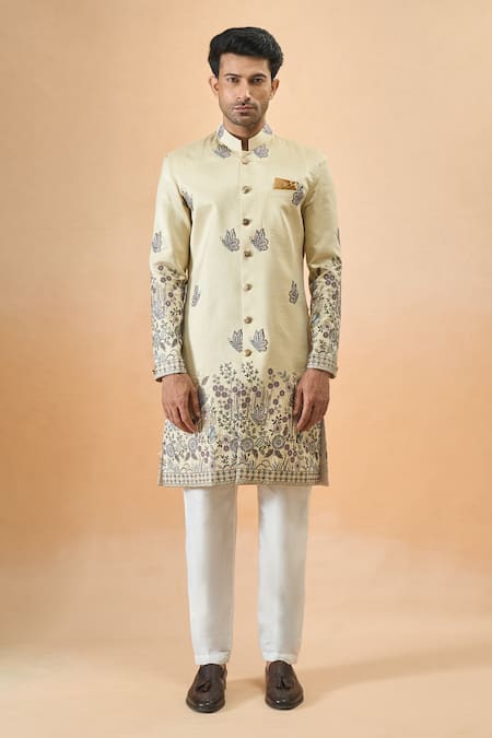 Shop_Arihant Rai Sinha_Beige Silk Embroidery Thread Sherwani Set _Online_at_Aza_Fashions