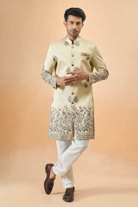 Arihant Rai Sinha_Beige Silk Embroidery Thread Sherwani Set _at_Aza_Fashions
