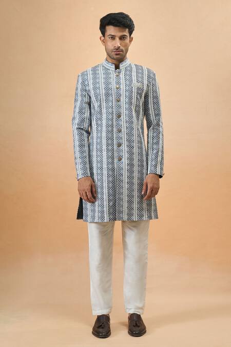 Arihant Rai Sinha_Gray Rayon, Silk Embroidery Grey And Blue Thread Sherwani Set _Online_at_Aza_Fashions