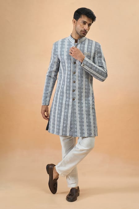 Buy_Arihant Rai Sinha_Gray Rayon, Silk Embroidery Grey And Blue Thread Sherwani Set _Online_at_Aza_Fashions