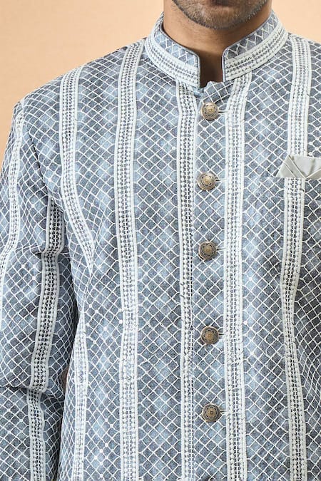 Shop_Arihant Rai Sinha_Gray Rayon, Silk Embroidery Grey And Blue Thread Sherwani Set _Online_at_Aza_Fashions