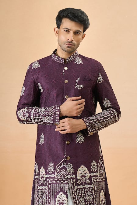 Arihant Rai Sinha Wine Silk Embroidery Sherwani And White Pant Set Online at Aza Fashions Arihant Rai Sinha_Wine Silk Embroidery Sherwani And White Pant Set _Online_at_Aza_Fashions