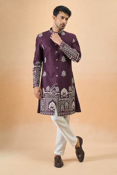 Arihant Rai Sinha Wine Silk Embroidery Sherwani And White Pant Set at Aza Fashions Arihant Rai Sinha_Wine Silk Embroidery Sherwani And White Pant Set _at_Aza_Fashions