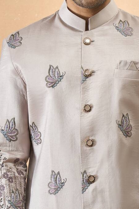 Arihant Rai Sinha_Gray Silk Embroidery Grey Thread Sherwani Set _Online_at_Aza_Fashions