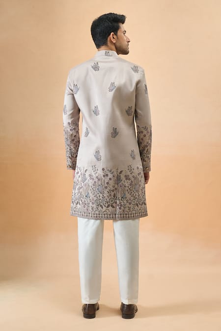 Arihant Rai Sinha Grey Thread Embroidered Sherwani Set 