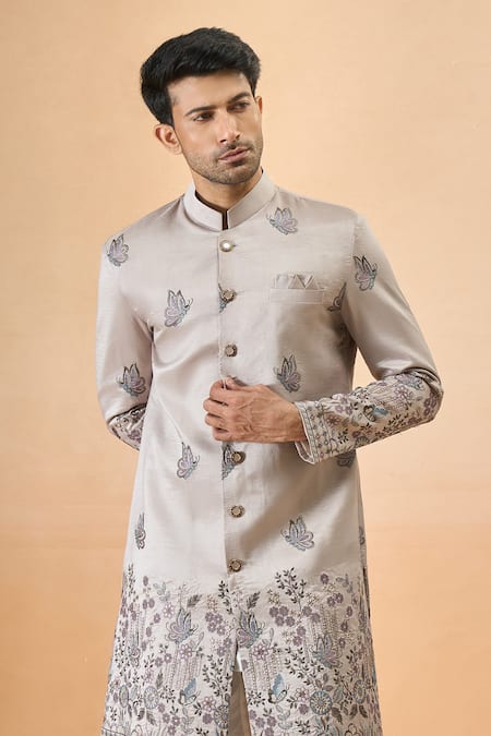 Buy_Arihant Rai Sinha_Gray Silk Embroidery Grey Thread Sherwani Set _Online_at_Aza_Fashions