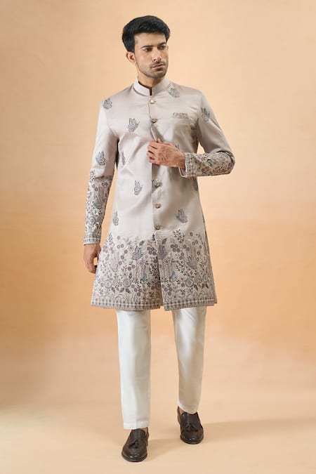 Shop_Arihant Rai Sinha_Gray Silk Embroidery Grey Thread Sherwani Set _Online_at_Aza_Fashions