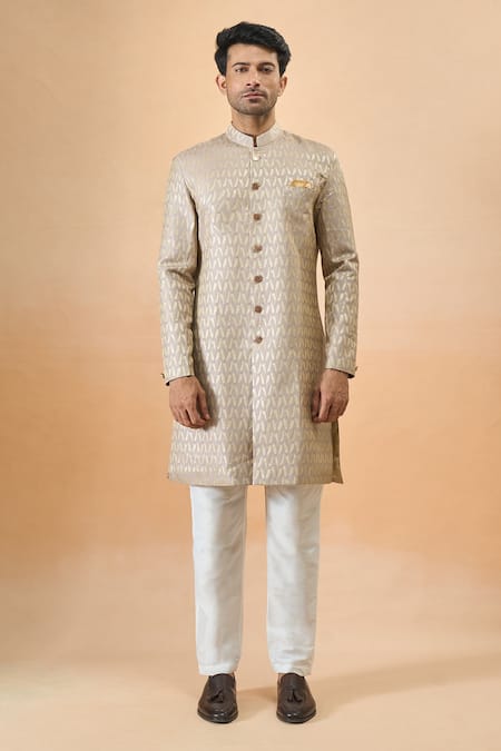 Arihant Rai Sinha_Gray Jacquard, Silk Designer Sherwani And Pant Set _Online_at_Aza_Fashions