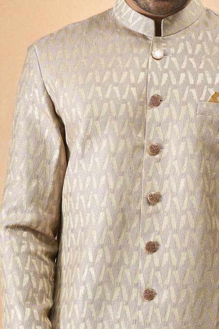 Shop_Arihant Rai Sinha_Gray Jacquard, Silk Designer Sherwani And Pant Set _Online_at_Aza_Fashions