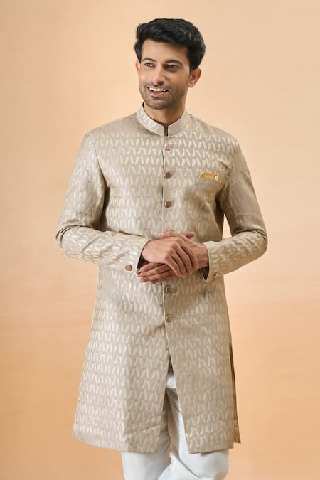 Arihant Rai Sinha_Gray Jacquard, Silk Designer Sherwani And Pant Set _at_Aza_Fashions