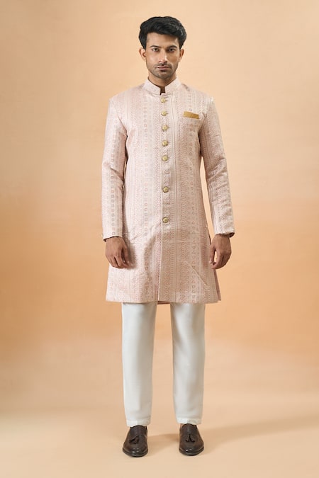 Arihant Rai Sinha_Pink Jacquard, Silk Designer Sherwani Set _Online_at_Aza_Fashions