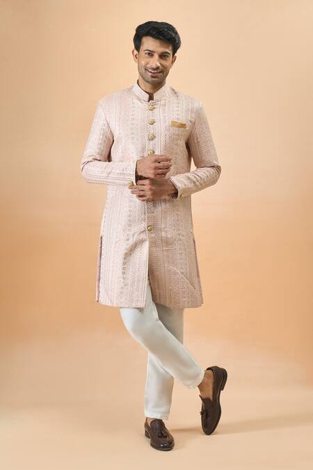 Shop_Arihant Rai Sinha_Pink Jacquard, Silk Designer Sherwani Set _Online_at_Aza_Fashions