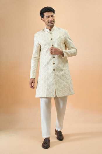 Shop_Arihant Rai Sinha_Off White Silk Embroidery Designer Sherwani And Pant Set _Online_at_Aza_Fashions