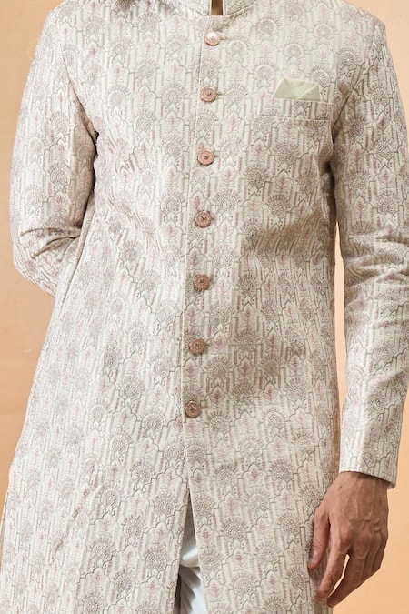 Arihant Rai Sinha_Cream Silk Sherwani Set _at_Aza_Fashions