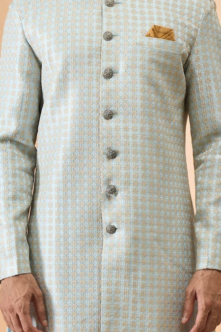 Arihant Rai Sinha_Blue Jacquard, Silk Designer Sherwani And Pant Set _Online_at_Aza_Fashions