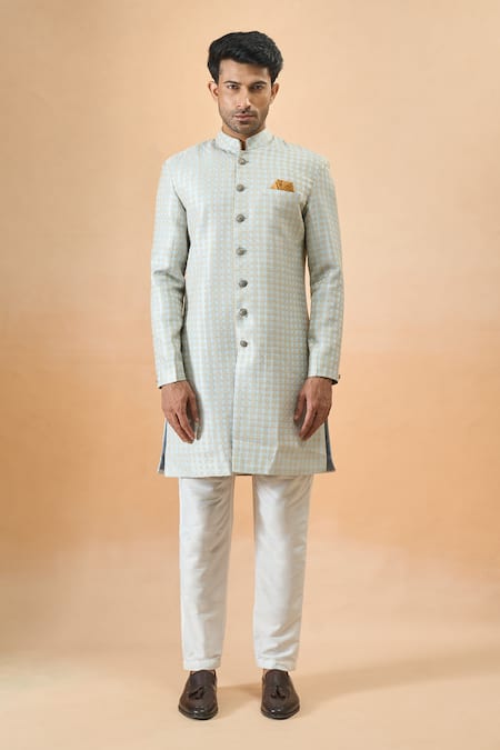 Buy_Arihant Rai Sinha_Blue Jacquard, Silk Designer Sherwani And Pant Set _Online_at_Aza_Fashions