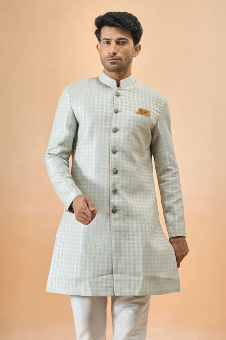 Shop_Arihant Rai Sinha_Blue Jacquard, Silk Designer Sherwani And Pant Set _Online_at_Aza_Fashions