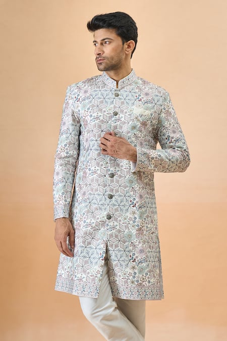 Shop_Arihant Rai Sinha_Multi Color Silk Embroidery Sherwani And Pant Set _Online_at_Aza_Fashions