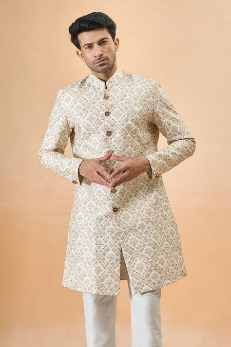 Arihant Rai Sinha Off White Silk Embroidery Designer Sherwani And Pant Set Online at Aza Fashions Arihant Rai Sinha_Off White Silk Embroidery Designer Sherwani And Pant Set _Online_at_Aza_Fashions
