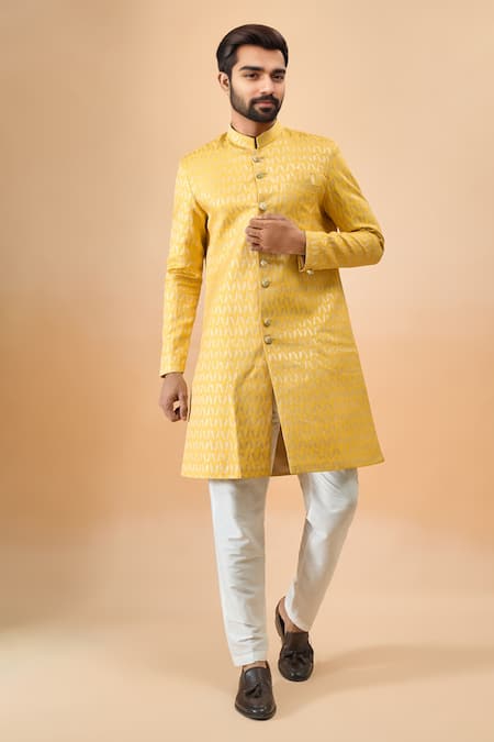 Arihant Rai Sinha Yellow Jacquard Sherwani & White Pant Set 