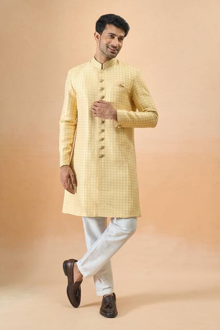 Arihant Rai Sinha_Yellow Jacquard, Silk Sherwani And White Pant _Online_at_Aza_Fashions