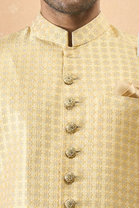 Buy_Arihant Rai Sinha_Yellow Jacquard, Silk Sherwani And White Pant _Online_at_Aza_Fashions