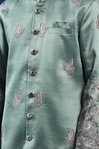 Arihant Rai Sinha_Green Silk Embroidery Metallic Sherwani Set _Online_at_Aza_Fashions