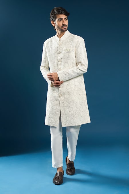 Buy_Arihant Rai Sinha_White Silk Embroidery Sherwani And Pant Set _Online_at_Aza_Fashions