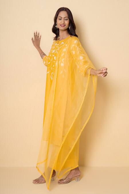 Kameez_Yellow Chanderi, Cotton, Organza Embroidery Round Neck Amber Flora Suit Set _at_Aza_Fashions
