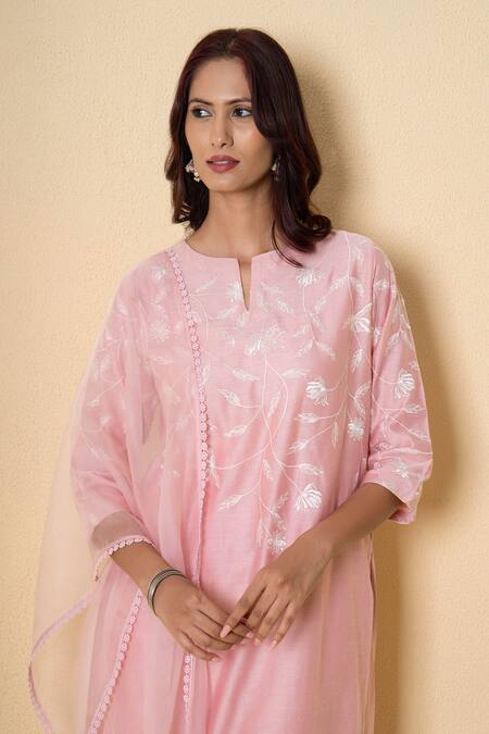 Kameez_Pink Chanderi, Cotton, Organza Embroidery, Pom-poms Misty Rose Suit Set _Online_at_Aza_Fashions