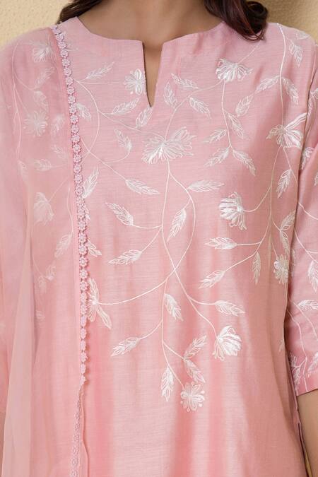 Buy_Kameez_Pink Chanderi, Cotton, Organza Embroidery, Pom-poms Misty Rose Suit Set _Online_at_Aza_Fashions