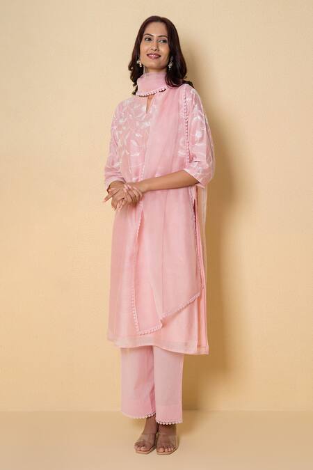 Shop_Kameez_Pink Chanderi, Cotton, Organza Embroidery, Pom-poms Misty Rose Suit Set _Online_at_Aza_Fashions