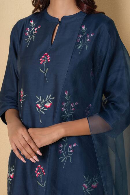 Kameez_Navy Chanderi, Cotton, Organza Embroidery Keyhole Blue Orchid Floral Suit Set _Online_at_Aza_Fashions