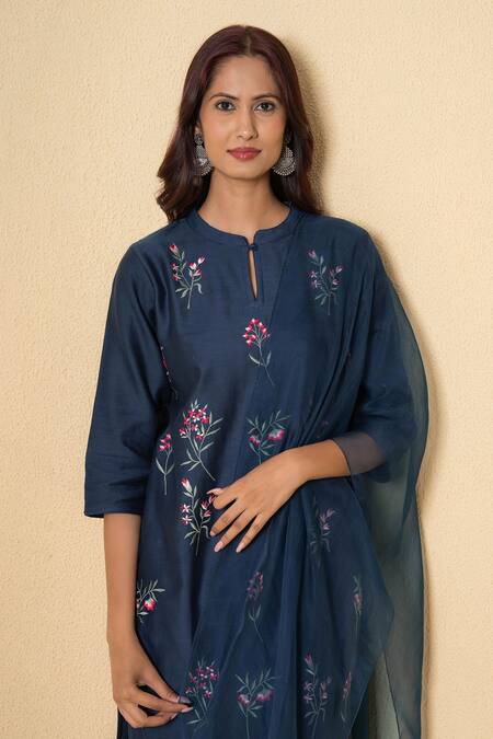 Buy_Kameez_Navy Chanderi, Cotton, Organza Embroidery Keyhole Blue Orchid Floral Suit Set _Online_at_Aza_Fashions