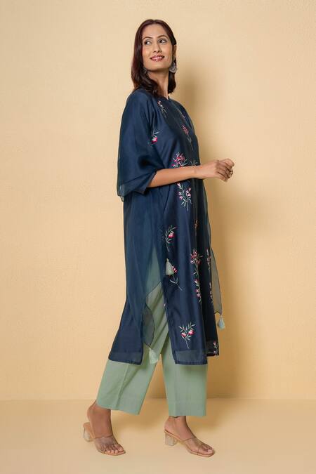 Shop_Kameez_Navy Chanderi, Cotton, Organza Embroidery Keyhole Blue Orchid Floral Suit Set _Online_at_Aza_Fashions