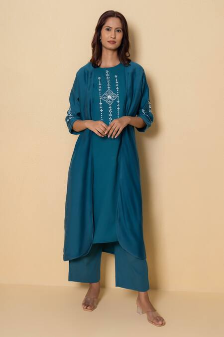 Shop Kameez Teal Cotton, Chanderi Embroidery Round , Open Ocean Dew Kurta Set Online at Aza Fashions Shop_Kameez_Teal Cotton, Chanderi Embroidery Round , Open Ocean Dew Kurta Set _Online_at_Aza_Fashions
