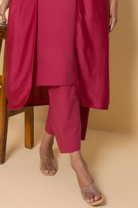 Kameez_Pink Cotton, Chanderi Embroidery Round , Open Radiant Rouge Kurta Set _Online_at_Aza_Fashions