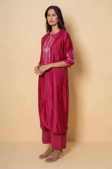 Buy_Kameez_Pink Cotton, Chanderi Embroidery Round , Open Radiant Rouge Kurta Set _Online_at_Aza_Fashions