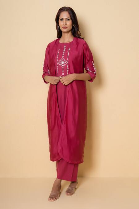 Shop_Kameez_Pink Cotton, Chanderi Embroidery Round , Open Radiant Rouge Kurta Set _Online_at_Aza_Fashions