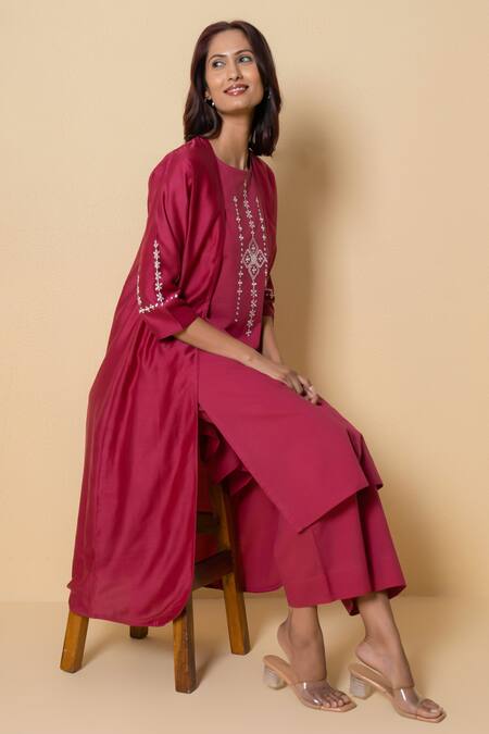 Kameez_Pink Cotton, Chanderi Embroidery Round , Open Radiant Rouge Kurta Set _at_Aza_Fashions