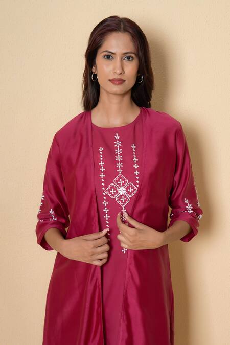 Buy_Kameez_Pink Cotton, Chanderi Embroidery Round , Open Radiant Rouge Kurta Set 