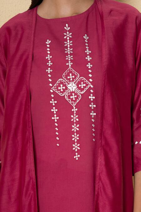 Shop_Kameez_Pink Cotton, Chanderi Embroidery Round , Open Radiant Rouge Kurta Set 