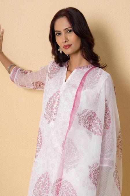 Kameez_White Kota Doria, Cotton Mandarin Collar Rose Block Print Suit Set _Online_at_Aza_Fashions