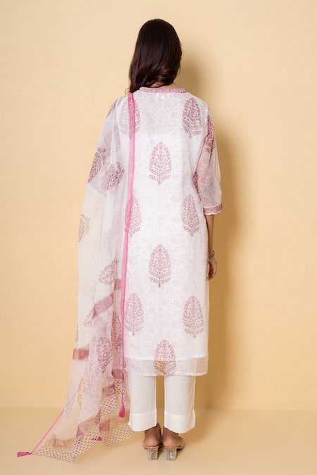 Kameez White Rose Block Print Kota Doria Suit Set