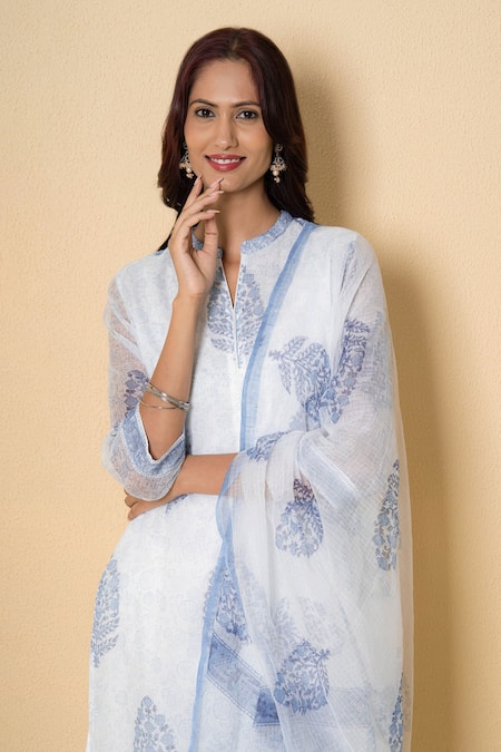 Shop_Kameez_White Kota Doria, Cotton Mandarin Collar Porcelain Blue Block Print Suit Set _Online_at_Aza_Fashions