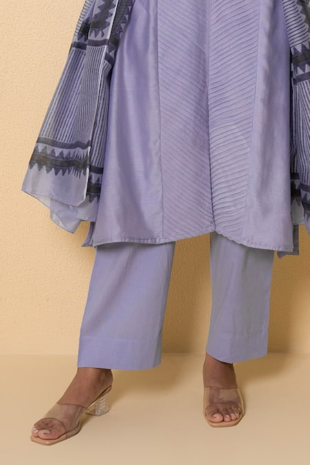 Kameez_Purple Chanderi, Cotton Embroidery Round Lavender Haze Block Print Suit Set _Online_at_Aza_Fashions